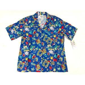 Vintage Blue Garden Print Womens Button Down Blouse Top M 1990s Y2K New